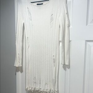 Forever 21 White Distressed Long Sleeve Dress